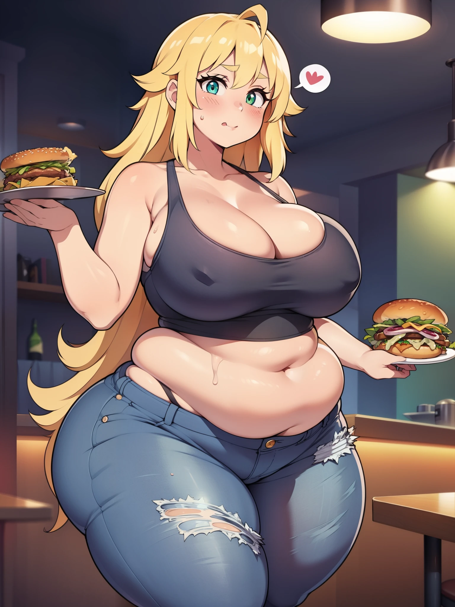 ((highres)), Masterpiece, high quality, best quality, beautiful, perfect lighting, detailed face, ultra cute face, ((1girl)), ((blush)), ((blush)), embarrassed, looking at viewer, skindentation, long blonde hair, fluffy hair, green eyes, jeans, tank top, tight clothes, full body, fast food restaurant, medium breasts, perky breasts, cleavage, ((wide hips)), ((massive thighs)), ((plump)), plump belly, fat folds, standing, holding plate of food, standing in front of a table full of food, looking at viewer, spoken heart,