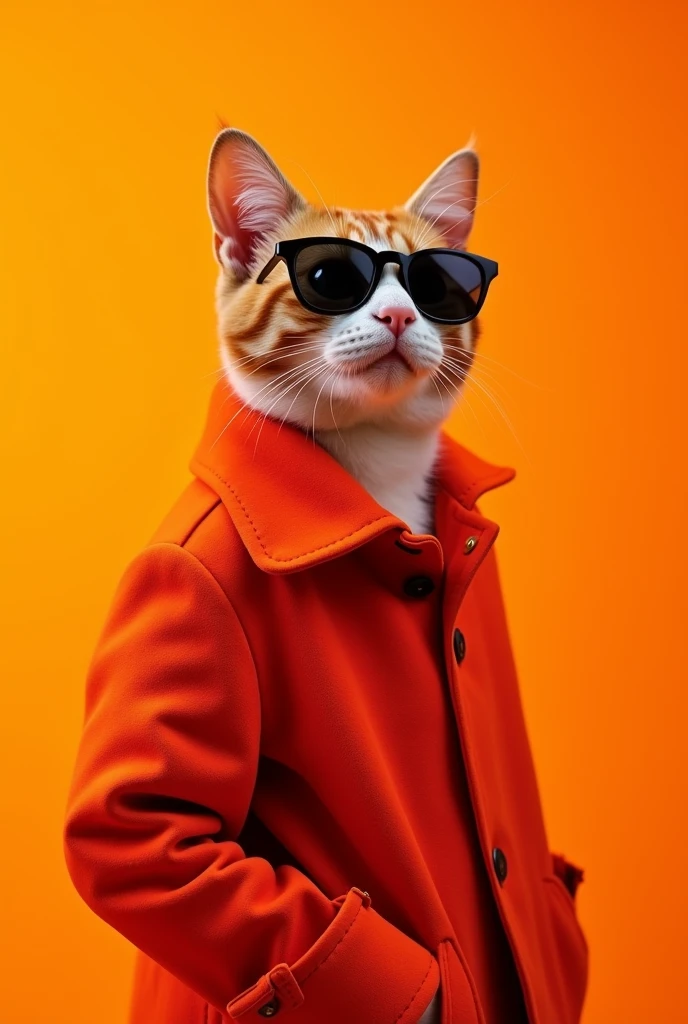 The best cell phone wallpaper, Award-Winning Wallpaper, portrait photography, In the front view is a portrait of a cute cat wearing mid-1960s space-age fashion., Side view photo, Shot with Canon EOS R5, Set a strong contrast that accentuates the subject, Fluorescent orange tone, Wearing a very modern coat and sunglasses is a modern 1960s style, Clothes all in one color, beautiful background