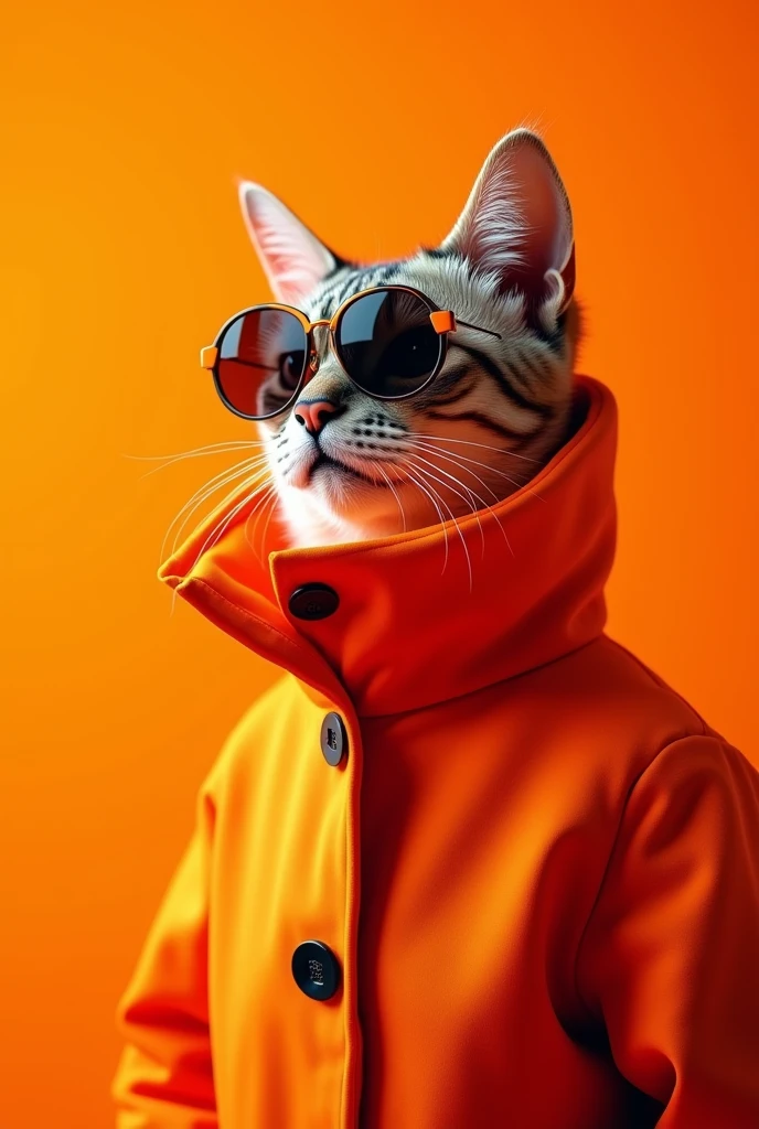 The best cell phone wallpaper, Award-Winning Wallpaper, portrait photography, In the front view is a portrait of a cute cat wearing mid-1960s space-age fashion., Side view photo, Shot with Canon EOS R5, Set a strong contrast that accentuates the subject, Fluorescent orange tone, Wearing a very modern coat and sunglasses is a modern 1960s style, Clothes all in one color, beautiful background
