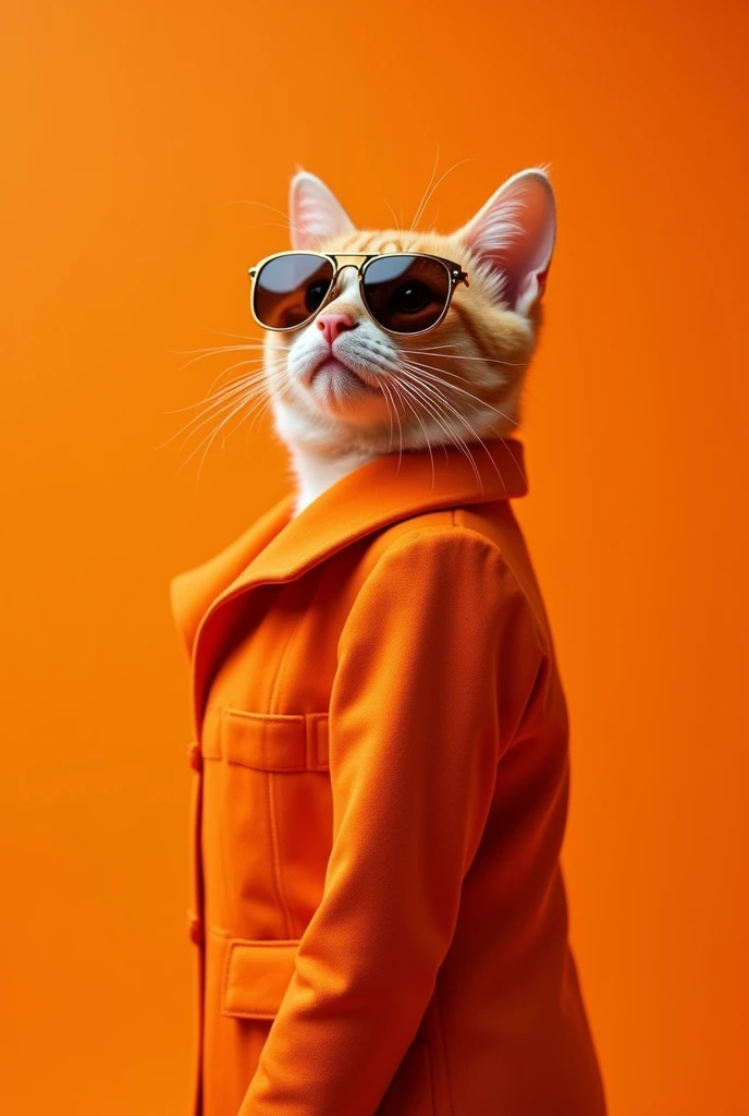 The best cell phone wallpaper, Award-Winning Wallpaper, portrait photography, In the front view is a portrait of a cute cat wearing mid-1960s space-age fashion., Side view photo, Shot with Canon EOS R5, Set a strong contrast that accentuates the subject, Fluorescent orange tone, Wearing a very modern coat and sunglasses is a modern 1960s style, Clothes all in one color, beautiful background