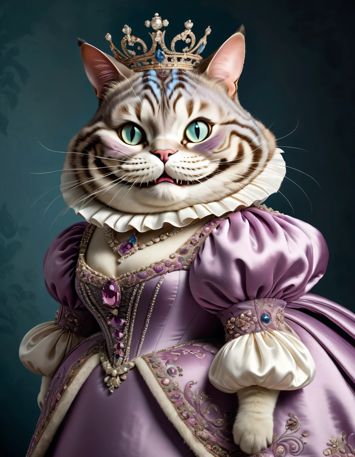 photorealistic portrait of Dressed animals - a ((fat)) (Cheshire cat) Queen, (portrait image:),(elegant pose:1.5) Wearing luxury sack-back gown,(wearing luxury tiara),(happy:1.2), Old-fashioned luxury dress, detailed and opulent description of a queen's aristocratic sack-back gown in Rococo , emphasizing luxurious fabrics, intricate embroidery and ornate accessories, simple background,(viewed from side:1.2),(looking at viewer:1.5),score_9, score_8_up, score_7_up, score_6_up, score_5_up, score_4_up,