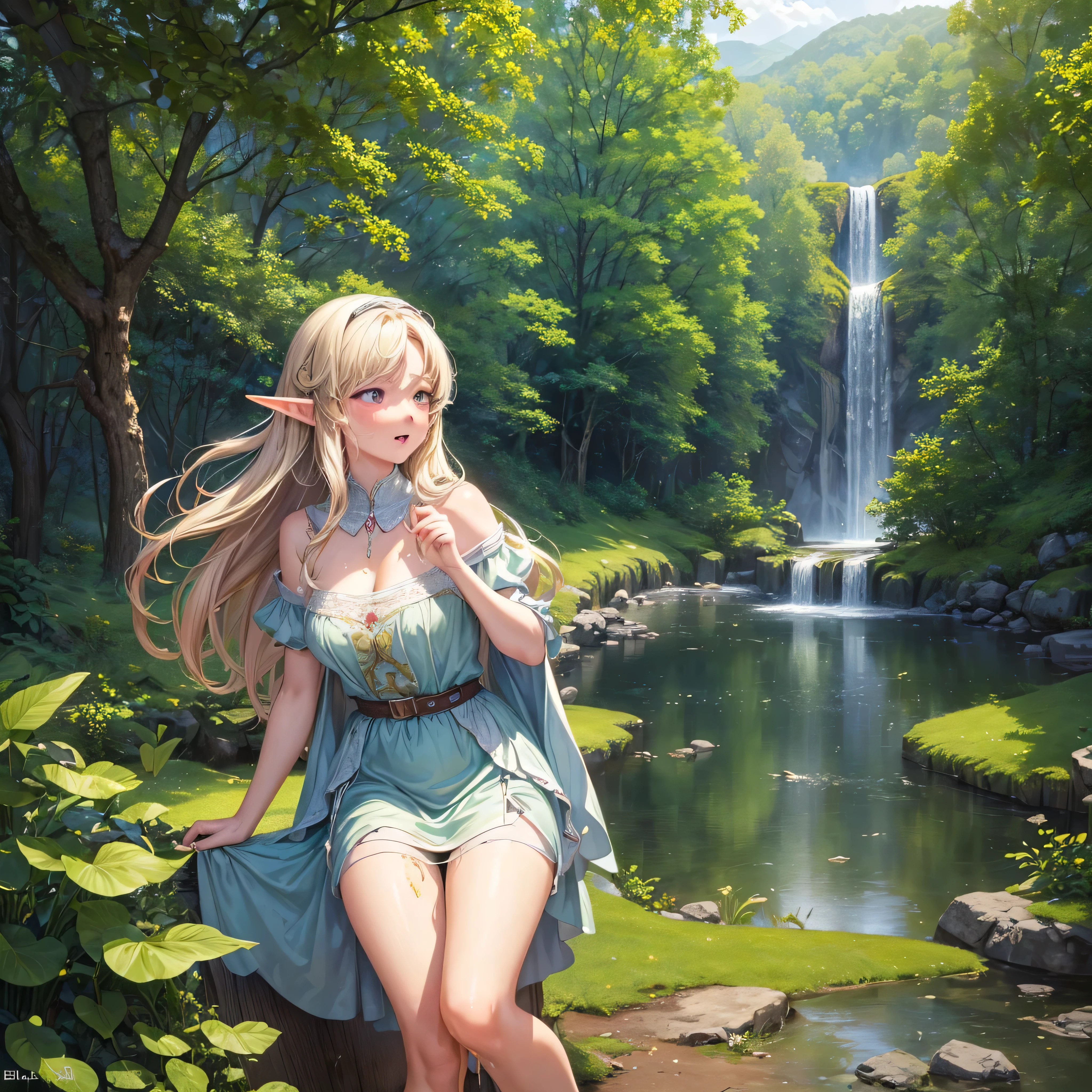 ((masterpiece,Highest quality;1.3,best illustration,realistic)), elf girls, 25 years old, blushing, mouths open in arousal, (incontinence, peeing:1.4)  pee stains, unexpected urination , wet panties, show your panties, ensemble in the forest,  campfire.