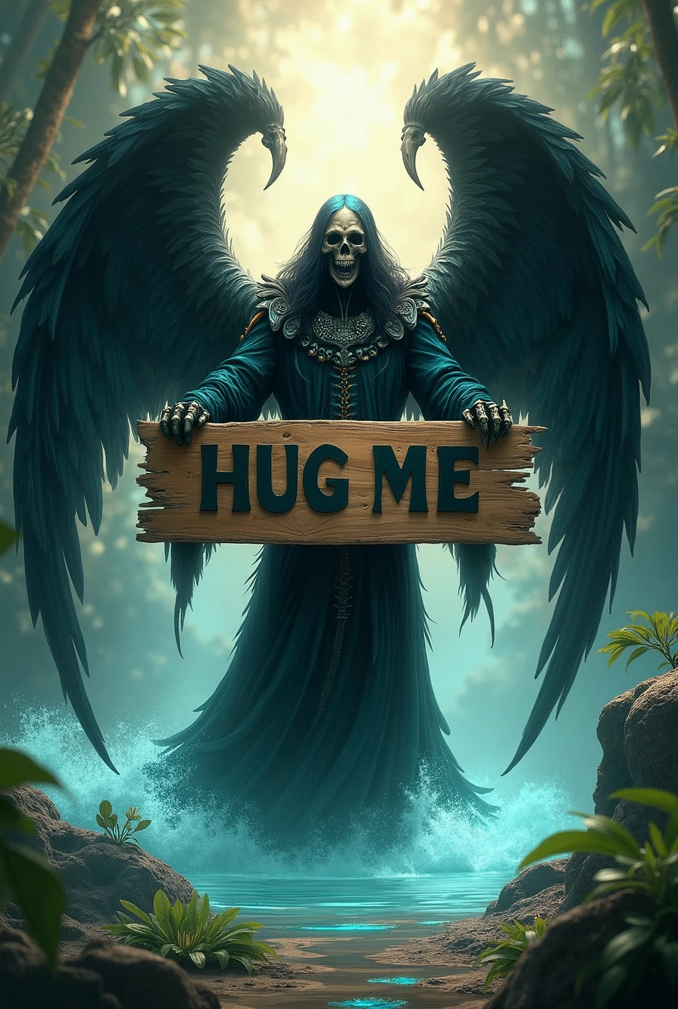 A stunning image of an Angel of Death carrying the sign that reads "HUG ME" in a moana film style
