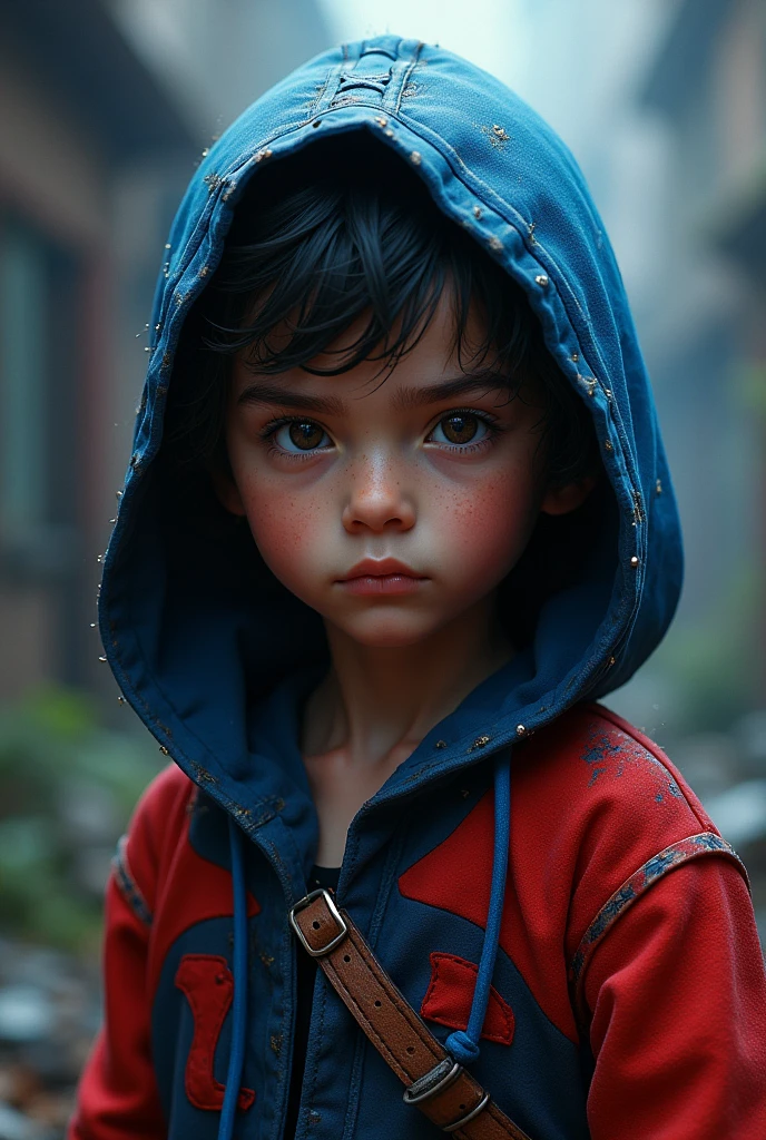 Create me a boy with a hood colors black blue red