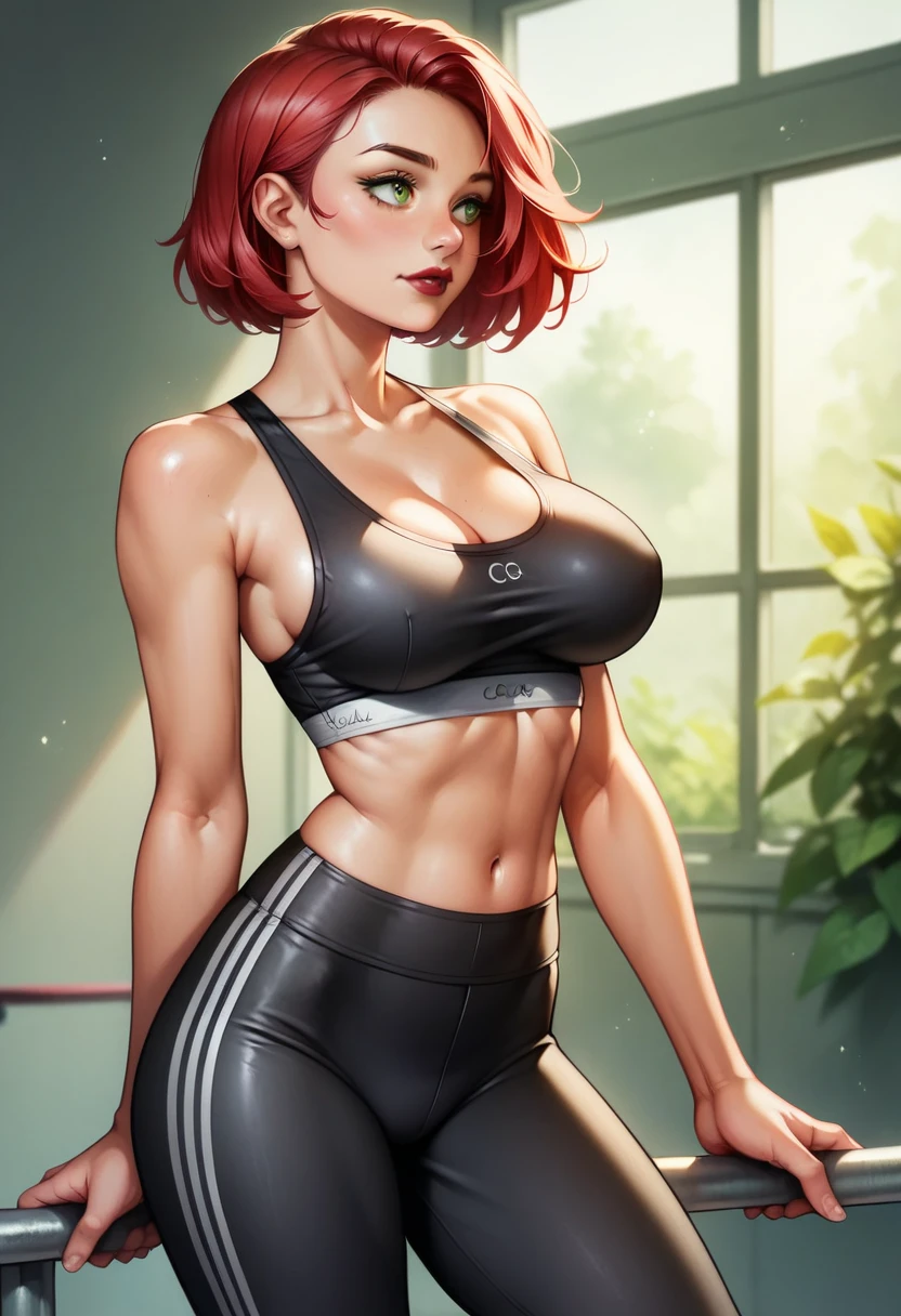 (high-level image quality), (high quality), (high resolution), (detailed), (masterpiece), beautiful woman, ((caucasian)), green eyes, red hair, short hair, dark red lipstick, busty, slender body, Detailed eyes, perfect eyes, Detailed face, sports top, black yoga pants, looking to side, portrait