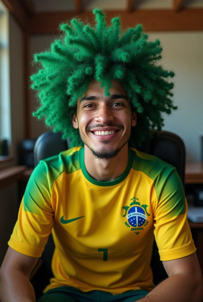 Um homem brasileiro, hair green, Corinthians shirt, sitting in a desk chair