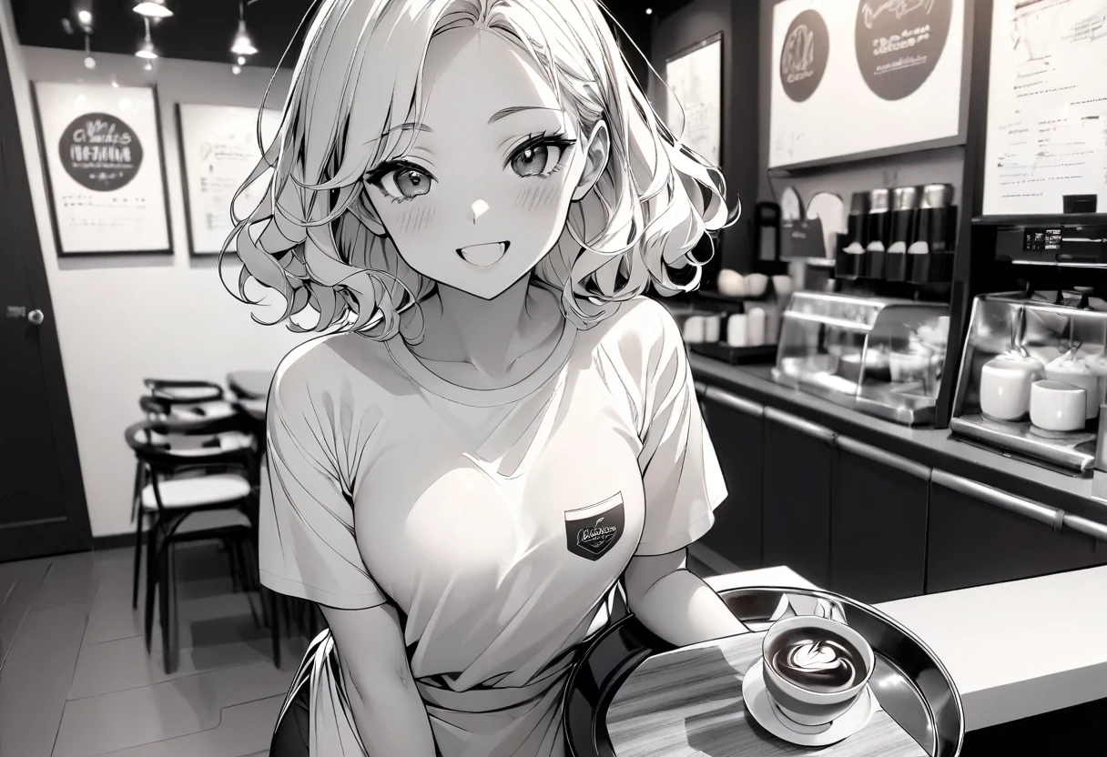 masterpiece, best quality, 1 girl, (20-years-old:1.5), solo, (slim:1.8), tall:1, short hair:0.8, wavy hair, (double eyelid), t-shirt, (wearing apron:1), holding round silver tray, small breast:0.5, (beautiful like an actress), sexy, happy, looking_at_viewer, (coffee shop), lineart, (monochrome:1.5), (cowboy shot), right background, clean line drawings,