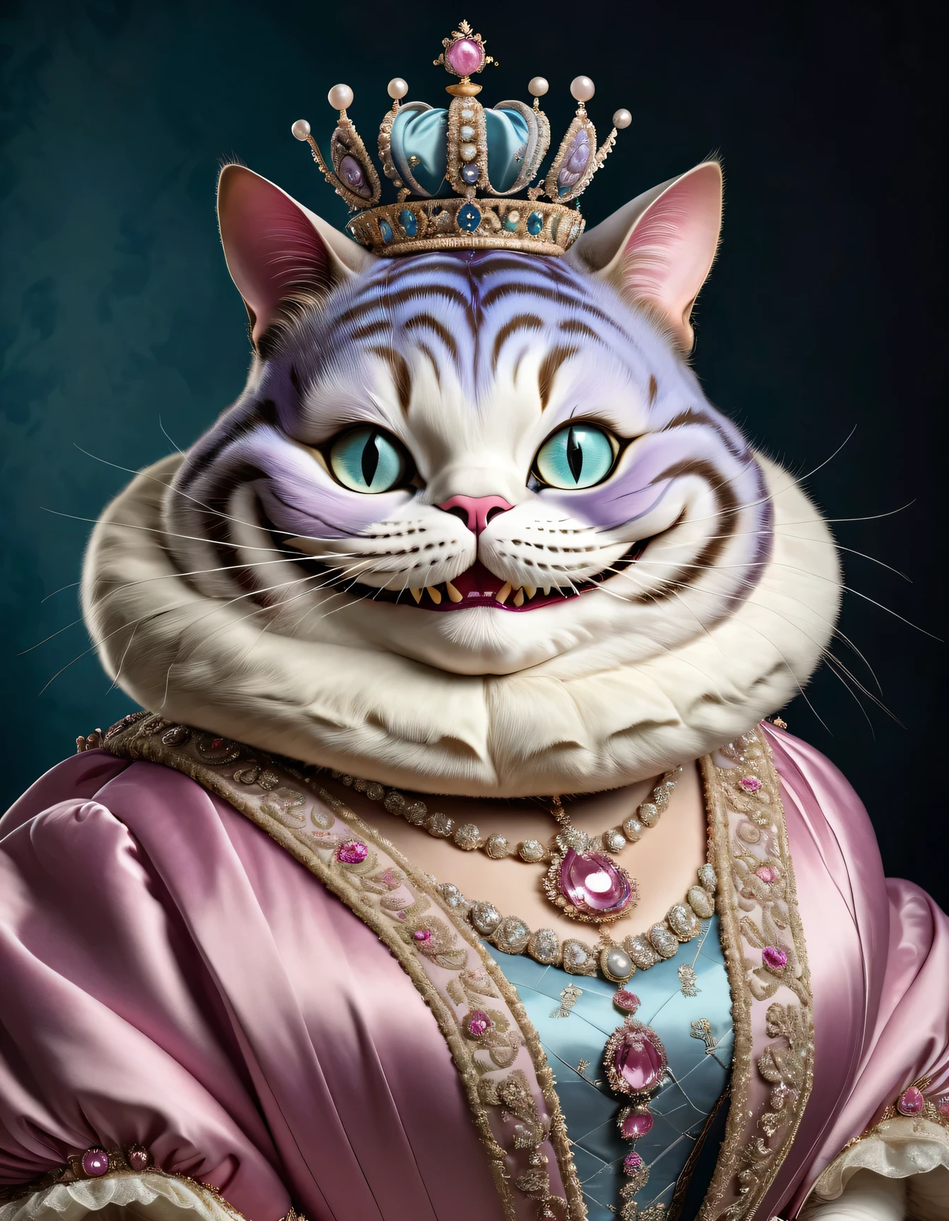 photorealistic portrait of Dressed animals - a ((fat)) (Cheshire cat) Queen, (portrait image:),(elegant pose:1.5) Wearing luxury sack-back gown,(wearing luxury tiara),(happy:1.2), (closed mouth:1.2),Old-fashioned luxury Queen's dress, detailed and opulent description of a queen's aristocratic sack-back gown in Rococo , emphasizing luxurious fabrics, intricate embroidery and ornate accessories, simple  background,(viewed from side:1.5),(looking at viewer:1.5),score_9, score_8_up, score_7_up, score_6_up, score_5_up, score_4_up,
