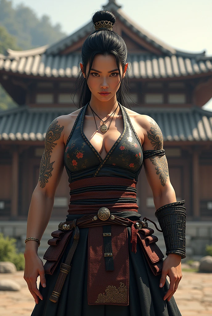Asian naked heavy muscled Female samurai standing in front of house
Make her much more muscled
Make her wider shoulders
Take off her bottom clothes
Make her arms thicker
Remove tattoos
Use same face and make her bigger muscles