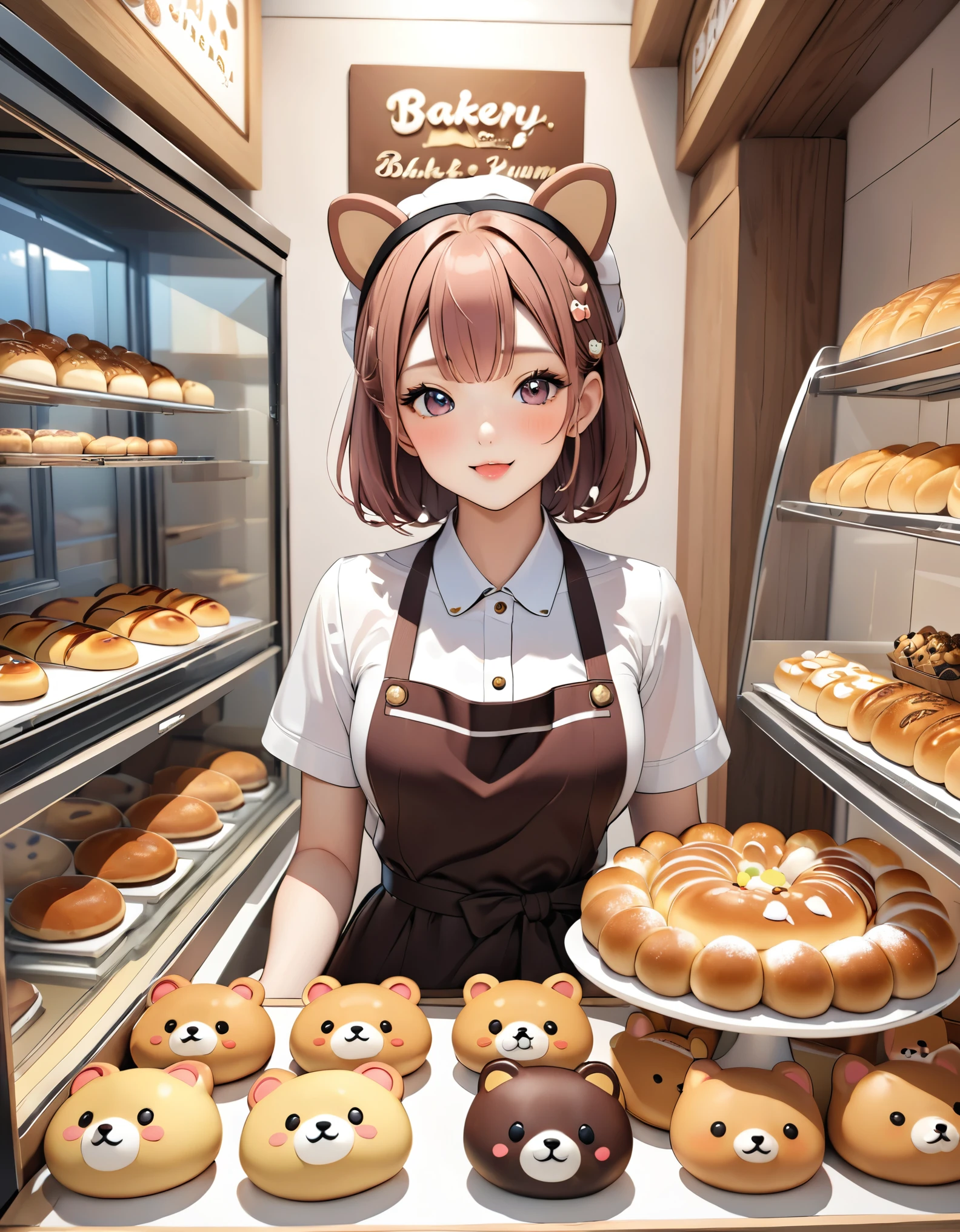 (masterpiece:1.2, Highest quality,Highest quality,Very detailedな:1.2),(Very detailed),(Best illustrations),8k,(1 female:1.6),(私はbakeryで働いています),(bakeryで働く女性も多い.々For bread、It features a small Shiba Inu character that looks like Rilakkuma with a cute expression., Arrange in a square.,bakery,Very simple design),3D Drawing