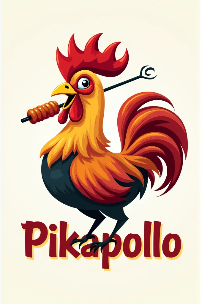 Logo for my company with the rooster Claudio with a skewer in his mouth with the name pikapollo