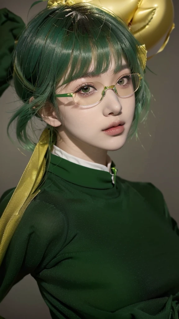 A woman with green hair and glasses is holding a golden balloon, Anime Girl Cosplay, portrait of anime woman, Anime Cosplay, Close-up of a young anime girl, Tatsumaki from One Punch Man, Portrait of a female anime hero, mao hamaguchi, Anime Girl Portrait, Anime Girl Portrait, Also, Anime realism style, High-quality portraits