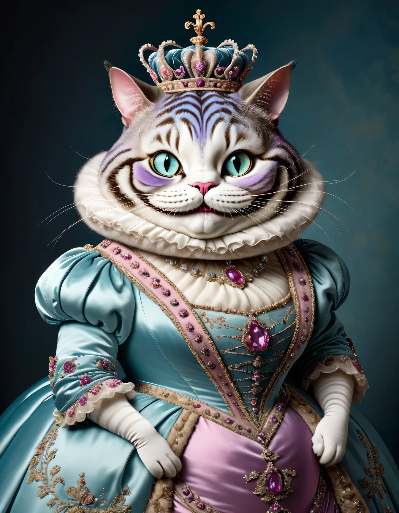 photorealistic portrait of Dressed animals - a ((fat)) (Cheshire cat) Queen, (portrait image:),(elegant pose:1.5) Wearing luxury sack-back gown,(wearing luxury tiara),(happy:), ,Old-fashioned luxury Queen's dress, detailed and opulent description of a queen's aristocratic sack-back gown in Rococo , emphasizing luxurious fabrics, intricate embroidery and ornate accessories, simple background,(viewed from side:1.5),(looking at viewer:1.5),score_9, score_8_up, score_7_up, score_6_up, score_5_up, score_4_up,