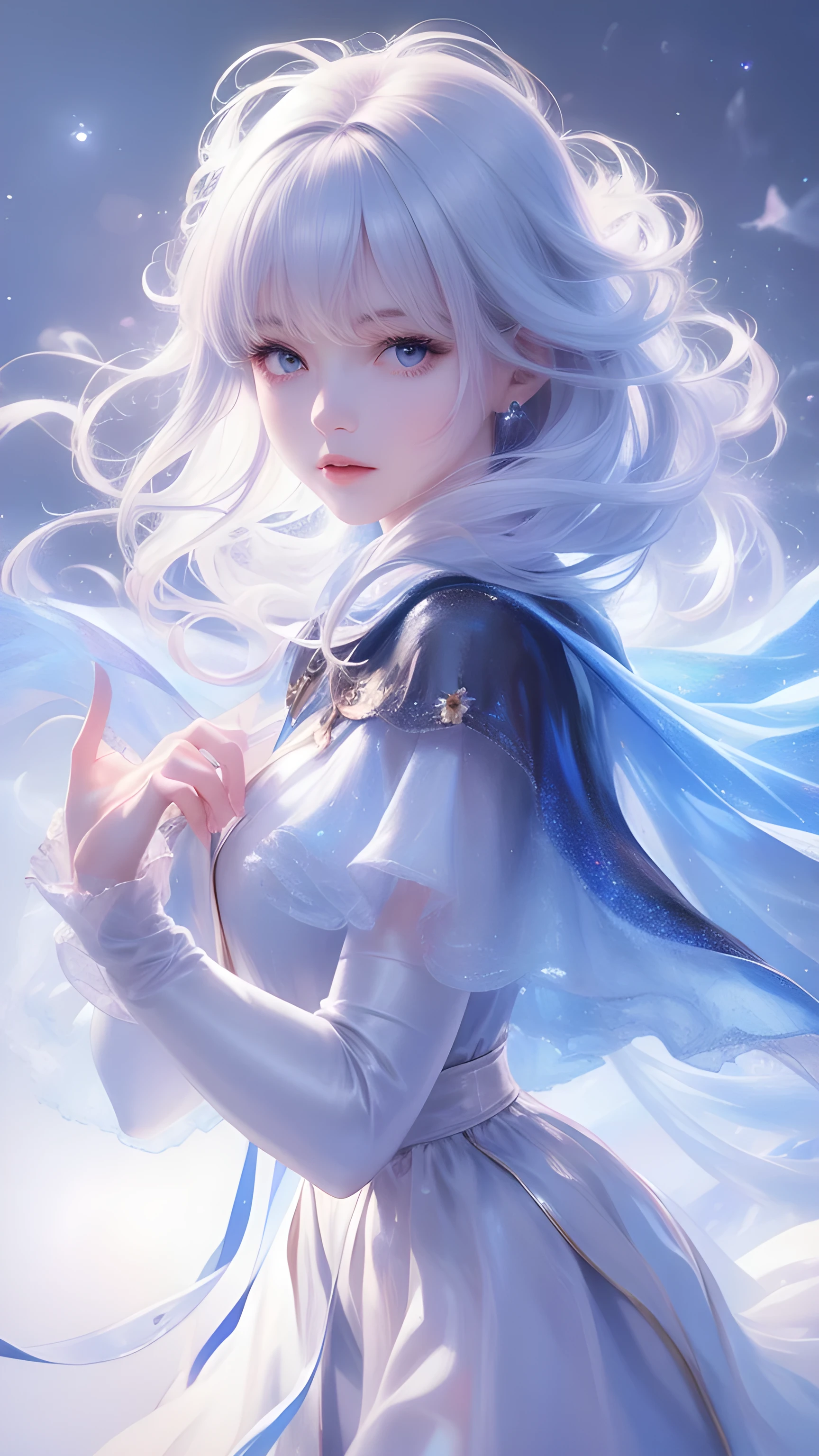 ((masterpiece)), (((best quality))), ((Extremely detailed)), ((illustration)),[Realistic lighting effects],shadow,(Fantasy style),(White background:1.6), Simple background, (Earth Theme),(A cape)[(Hair Focus,((1 Girl)),[(Lyme Hair): (Cloud):0.3], (Hair on background),(High Saturation),(The hair is surrounded by galactic splashes),)):((Her hair turned into a galactic cloud,:1.27628), (Hair and clothes are galactic clouds and star clusters:1.1025),(A cape is becoming galaxy clouds)
