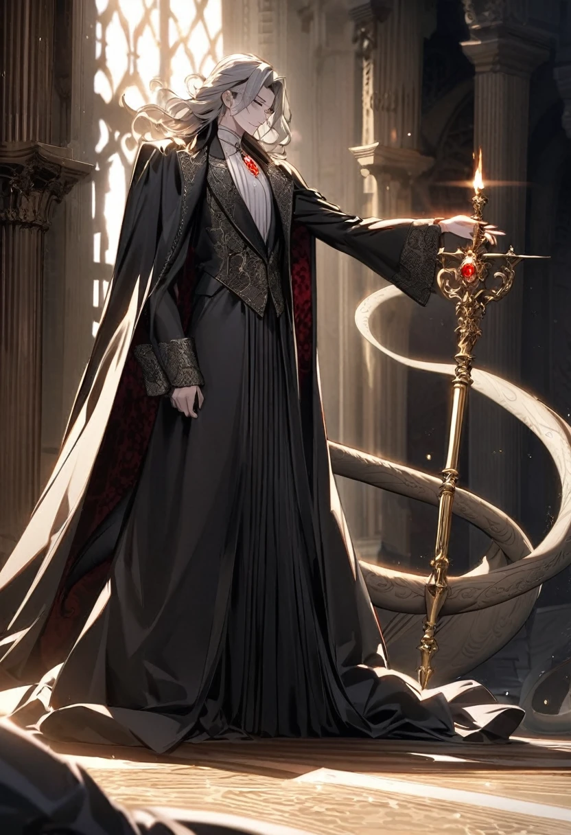Count Monsanto is an imposing and sophisticated figure, reflecting the height of nobility and power with an aura of mystery and authority.
Face and Expression: The Count has a striking and aristocratic face, with angular features and pale skin that exudes an air of elegance. Her eyes are a deep, piercing red, suggesting a supernatural intensity and coldness. His expression is a mixture of disdain and satisfaction., with an enigmatic smile that reveals an air of superiority.
body hair: Her hair is long and silver, falling in sophisticated waves to the shoulders. The well-groomed appearance and shine of the hair highlight her elevated status and her connection to the supernatural..
tenue: The Count wears a black velvet coat, which is adorned with silver embroidery forming intricate patterns. The coat is long and flowing, with a tail that drags along the ground, giving an air of grandeur. Under the coat, he wears a white silk shirt and a black tie, complementing with a golden vest with subtle shiny details.
Accessories: He displays an antique gold ring with a red gemstone that shines with an unearthly glow.. The silver staff he carries is ornamented with a serpent's head at the top., symbolizing his cunning and power.
Environment and Aura: Count Monsanto is often in a luxurious and dark environment, like an old castle hall or an office full of antique objects. Soft lighting highlights your profile and adds to the sense of mystery and sophistication.