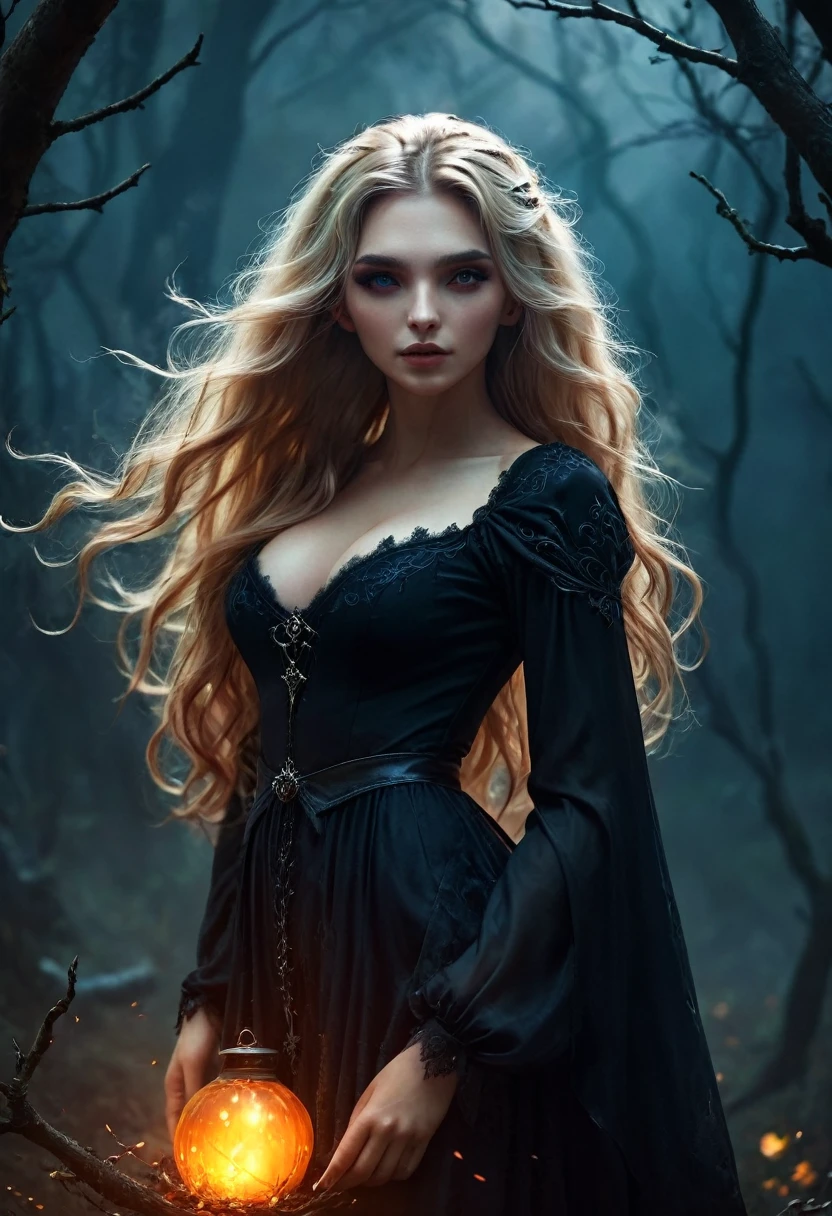 Blonde with long hair, witch, in Dark Fantasy, full height