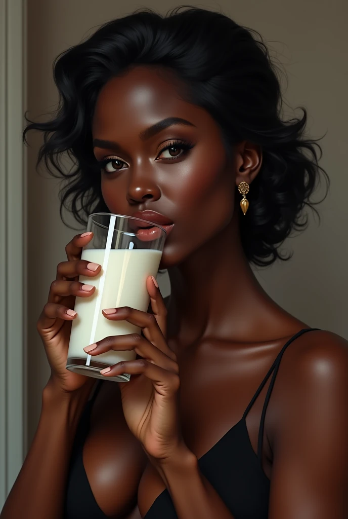 A sexy black woman drinking milk