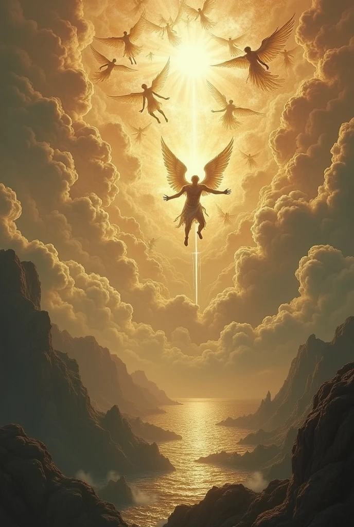 Angels expelled from heaven with Lucifer thrown to earth.