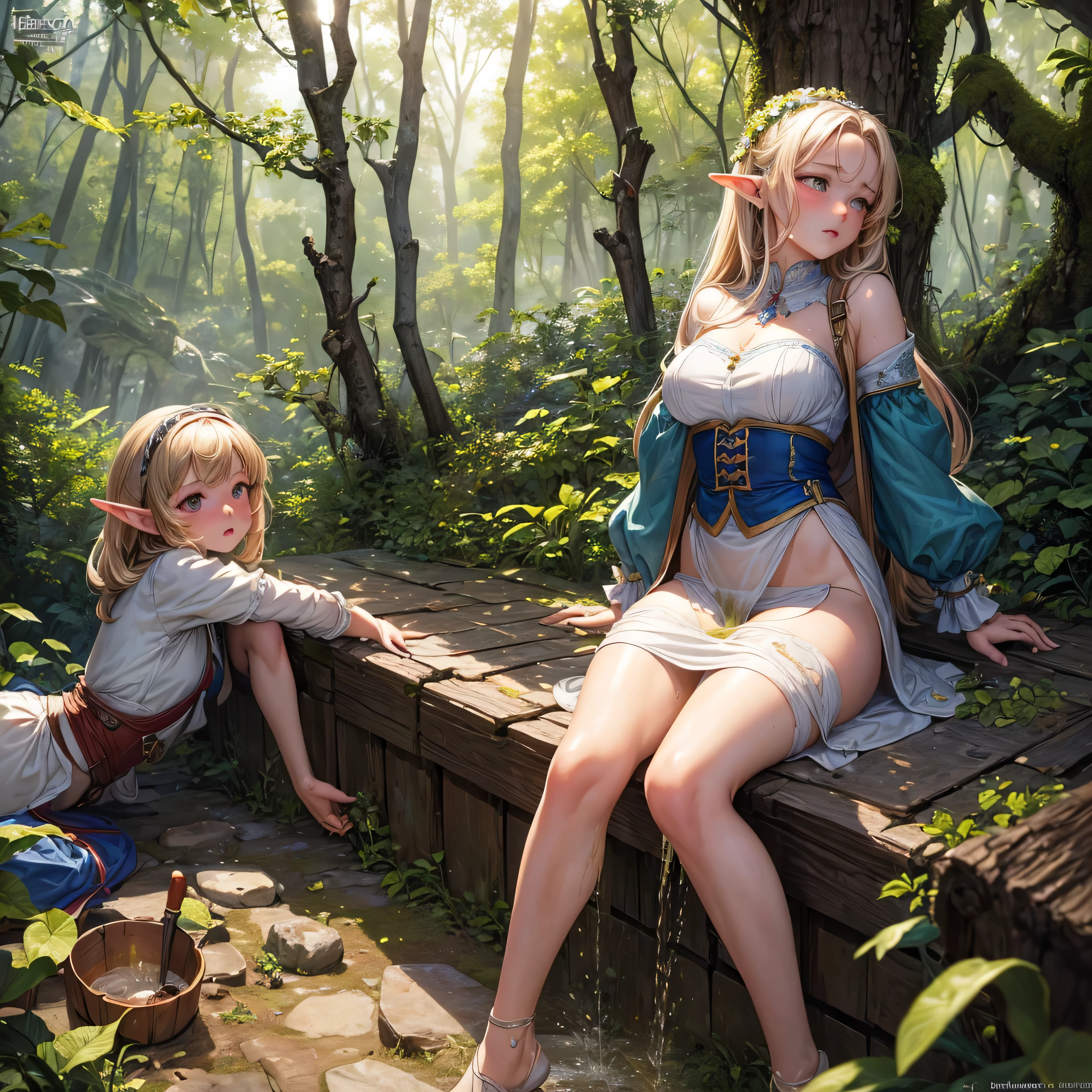 2D illustration, anime style, beautiful girl, elf sisters,  and 18 years oltouching each other, matching costume, blonde, blue eyes, hair ornament, smiling, open chest, whole white ultra-thin fabric, see-through ancient style robe, (without panties)), (chest tip protruding), floating hem, collar, bangle, anklet, bare feet, (((Person close-up, low angle, Crotch up, closed crotch,)) Wet body, wet clothes, fantastic ancient ruins eroded by vegetation, waterside, night sky, floating magic light, glowing water, wind blowing, ambient occlusion, halation