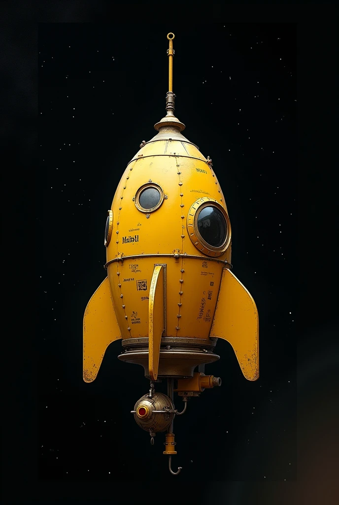 A small yellow capsule-type spaceship,1969s Design,Spaceships don&#39;t have wings,Riveted surface,There is writing on it,There are no windows.,Has a hook,Spaceship background in space,There is landing gear and it can land.,