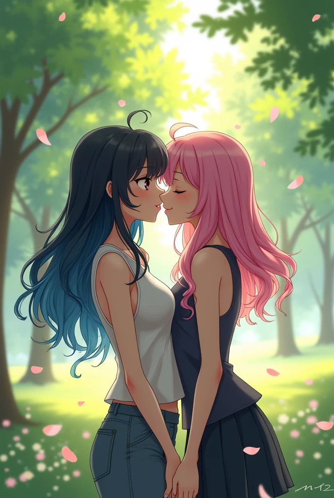 Create a lesbian couple with the following characteristics:
One has black hair and blue streak and the other has pink hair with black streak In stock anime/Cartoon Set in a Park They Kissing and Being in a Natural Way