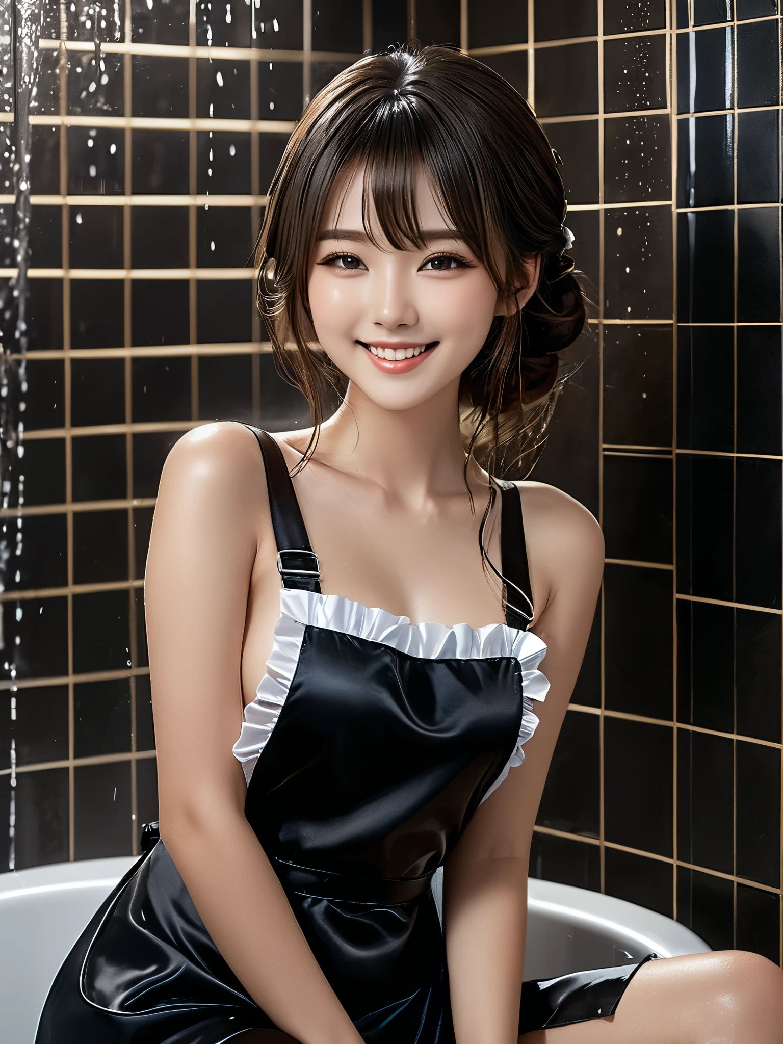 product quality, 1girl, full body shot, front view, a Japanese young pretty girl, shoulder length hair, wearing only a silky satin dark gray apron with white frills over her naked body with a big smile, taking a shower in a luxury shower room, glamorous figure, wet hair, wet body, busty, hyper cute face, glossy lips, double eyelids in both eyes, natural makeup, long eyelashes, shiny smooth light brown hair, asymmetrical bangs, fair skin, central image, high resolution, high detail, detailed hairstyle, detailed face, cinematic lighting, octane rendering, vibrant, hyper realistic, perfect limbs, perfect anatomy
