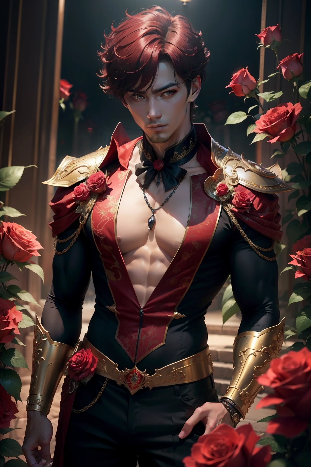 (8k,photorrealistic　RAW photograph　Maximum quality;1.4) (1 Korea boy) Super handsome king of the underworld　(lifelike face) 　(hair with red roses,  Short hair in the wind)　slenderbody　Muscular and macho　big pink eyes　Aristocratic metallic costume with red roses 　Red roses decoration in the wind　Fangs peeking out of the mouth　Pointed claws　a seductive gaze　Beautiful expression　A hyper-realistic　(King of the Underworld)　appealing　(real looking skin)　super high resolution　high détail　Luxurious pants with metallic red roses　Aura of red roses emanating from the body　effect　metallic cover red roses 