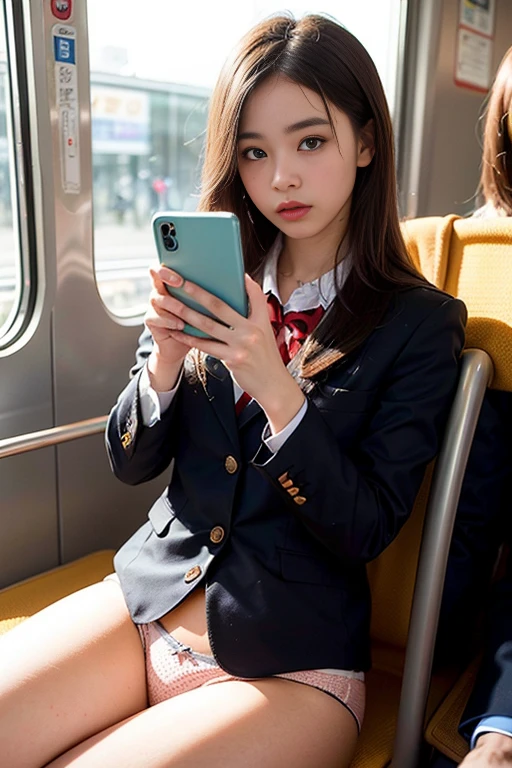 8k, RAW Portrait (Japanese women),masterpiece、Photorealistic:1.3、Realistic, Ultra-high resolution, Highest quality, Real Life Photos ,( In the evening :1.1),(((Showing panties:1.4)))、((Visible panties:1.4))、((A girl sitting on a chair on a Yamanote Line train and looking at her smartphone))、 ((((1 girl:1.5)))), (((電車内でスカートをたくし上げてShowing off panties女子高生:1.4)))、(Cute Face:1.3)、日本の1 girl,((Japanese schoolgirl))、((1 real high school girl))、((Japanese High School Uniform:1.6))、 Black Hair,(Written boundary depth:1.3)、 ((Dark brown eyes:1.2))、(Realistic skin texture:1.3)、(Immersive atmosphere:0.8、Chiaroscuro:1.2) 、(Viewer:1.3)、((Expressionless:1.3))、((Red cheeks:1.1))、((She's wearing tiny silk panties))、((Showing off panties:1.4))、((A woman rolling up her skirt))、((Highlight the panties))、The cutest girl in the world、((Spread your legs out to the side:1.4))