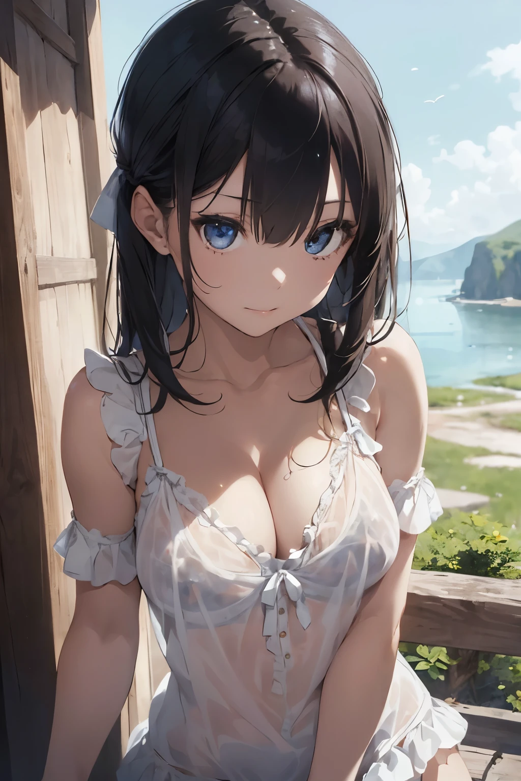 ((Top Quality)), ((Excellent)), (Details),,((Japanese)),, Black Hair,(Childish face),((Straight Hair)), shiny hair, 1 Girl ,((Moderate breasts)), ((Blue Eyes)),masterpiece, (half-smile), ultra realistic ,((Emphasize the cleavage)), Shoulder straps slip off, ((upper body)), ((extreme_close_up)),((Frills White chemise)), ((See-through White chemise)) ,((Emphasize the cleavage)),((topless)) ,((naked)), , best quality, Natural Light, Straight Hair,((blunt bangs)), stunning environment ,vibrant colors ,((extreme_close_up)) ,overhead shot, ((extreme_close_up)) ,((Emphasize the cleavage)), solo, Straight Hair, hair ribbon, outdoors, (Grassland), lake, Flowers, white bow , upper body, blunt bangs ,((Frills White chemise)), ((See-through)),