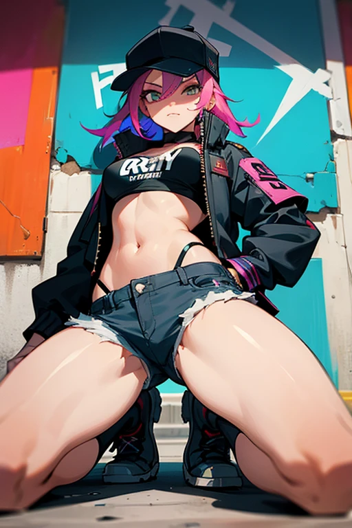 badass sexy girl, one knee on the ground, from below, street, urban style, crotch focus, torn shorts, cap, open jacket, torn crop top, grafitty, colorful