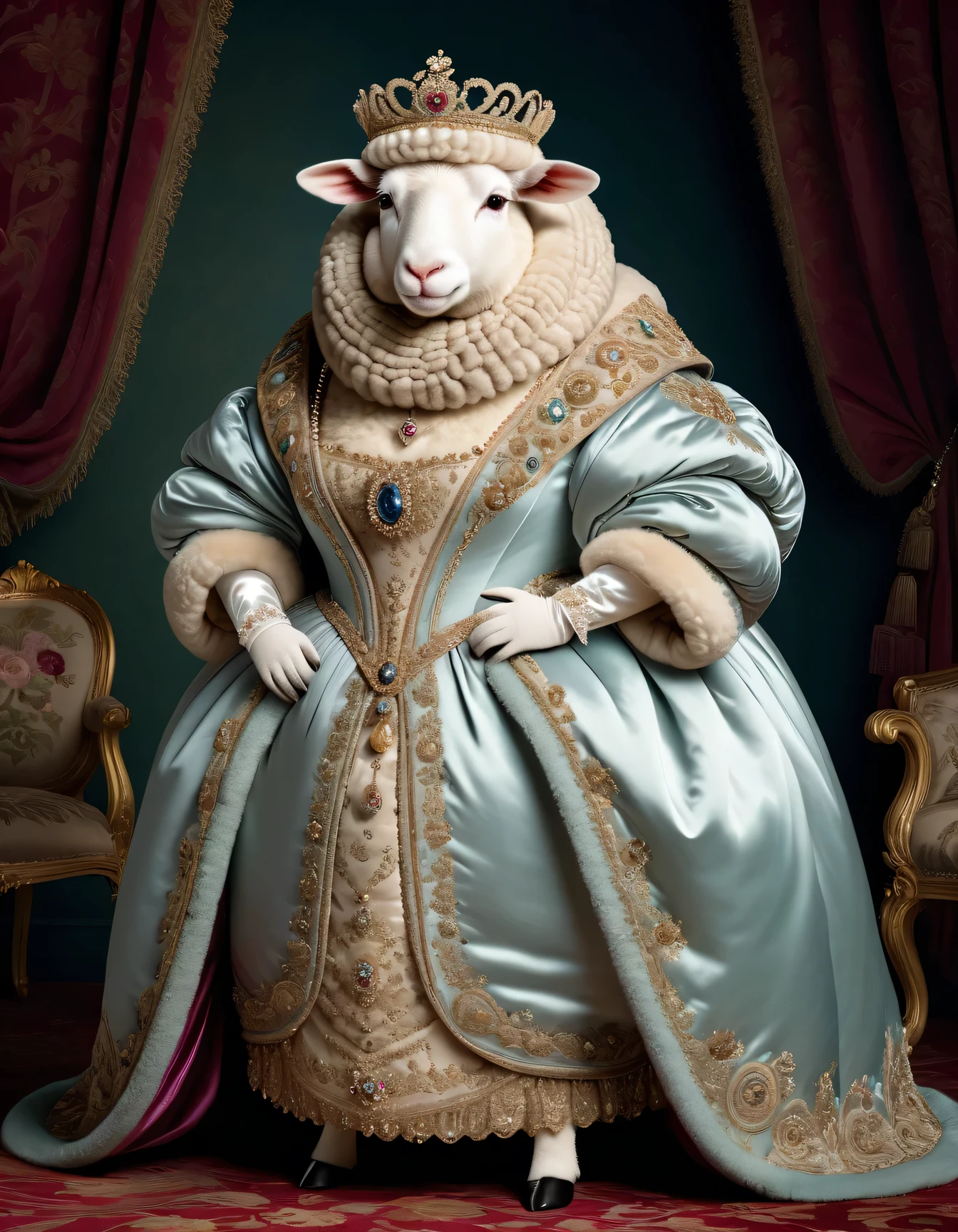 photorealistic portrait of Dressed animals - a ((fat)) ( sheep) Queen, (furry),(elegant pose:1.5) Wearing luxury sack-back gown,(wearing luxury tiara),(hands on hips:1.5), Old-fashioned luxury loyal clothes, detailed and opulent description of a queen's aristocratic sack-back gown in Rococo style , emphasizing luxurious fabrics, intricate embroidery and ornate accessories, simple background,(face close up image:1.5),(looking at viewer:2.0),score_9, score_8_up, score_7_up, score_6_up, score_5_up, score_4_up,