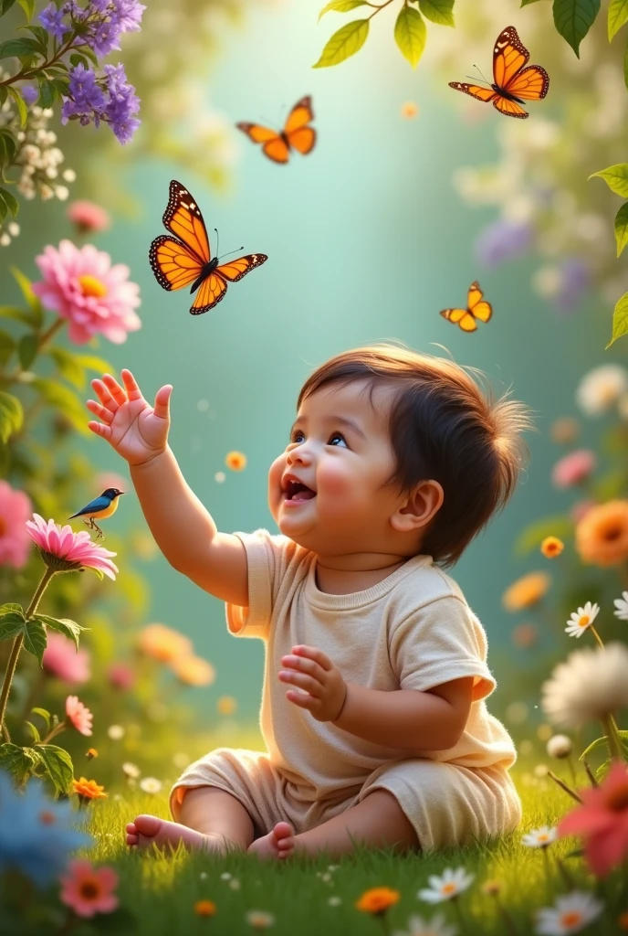 A with dark brown hair, around 1 year 7 months ooyfully in a lush garden filled with colorful flowers. Butterflies flutter around the baby, and birds peon nearby branches, creating a vibrant and lively atmosphere. The baby is smiling and reng out towards the butterflies, surrounded by a warm and sunny environment. The garden is bursting with life, with various shades of green and a mix of bright and pastel-colored flowers adding to the enchanting scene