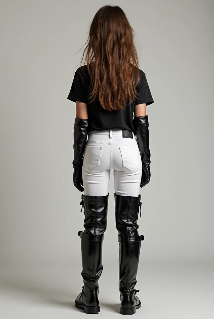 in very long black thigh high boots, white pants, very long black gloves, and T-shirt