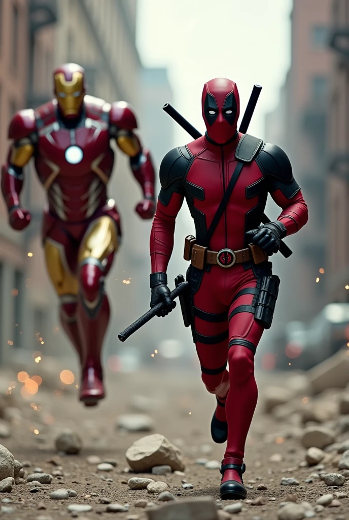 "Deadpool, wearing his signature red and black suit, is running towards Iron Man. He has his typical irreverent grin on his face, holding a katana in each hand, with an agile and carefree stance. Iron Man, in his shiny, high-tech metallic armor, is slightly ahead, flying low with his thrusters engaged. The scene is set in a destroyed urban environment, with debris and sparks flying around, capturing the tension of an epic battle.