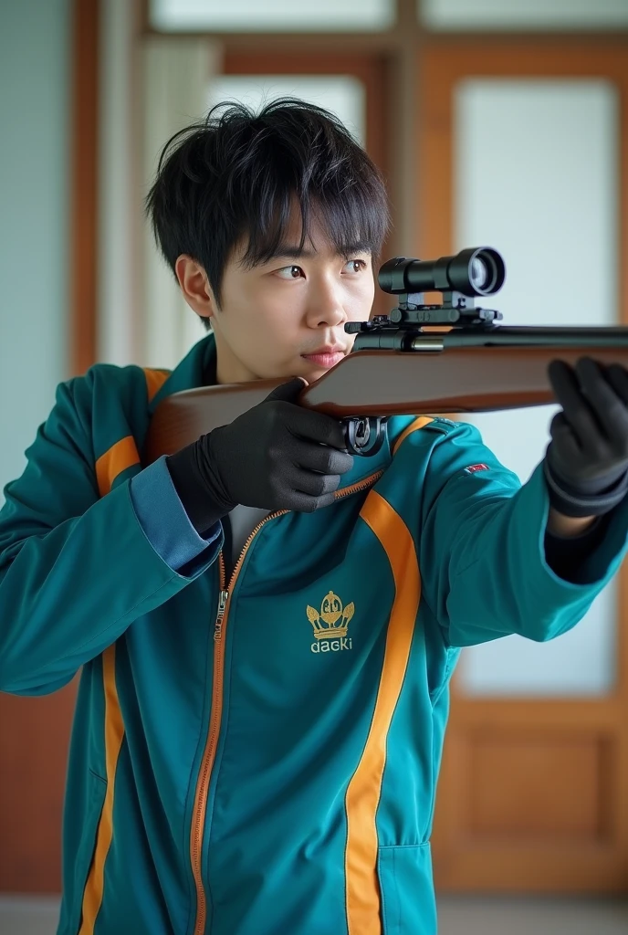 Real Man、Korean、「The Irregular at Magic High School」An Olympic shooting athlete cosplaying as a uniform、Shooting a rifle、indoor、whole body、live-action