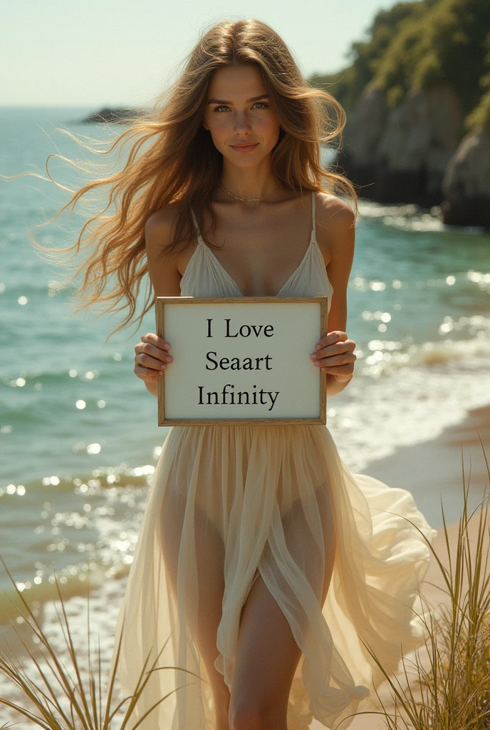 Beautiful girl with wavy long hair, bohemian dress, holding a white board with text "I Love Seaart Infinity" and showing it to the viewer