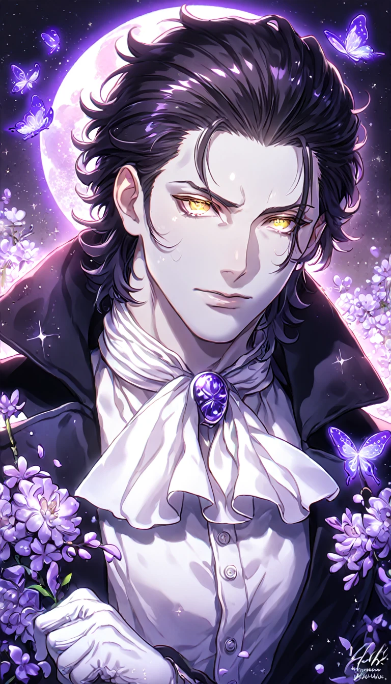 absurdres, highres, ultra detailed, HDR, master piece, best quality, Tyki Mikk, black hair, hair slicked back, ruffled wavy hair, expressive yellow eyes, gray skin, D.Gray-man, solo, sexy man, handsome, sensual, horny, black coat, white shirt, white cravat, white gloves, fantasy, magical, shining, purple flowers, blossoms, water, purple petals, purple butterflies, sparkling, purple moon, starry sky