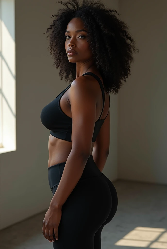 A sexy busty black woman wearing gym clothes