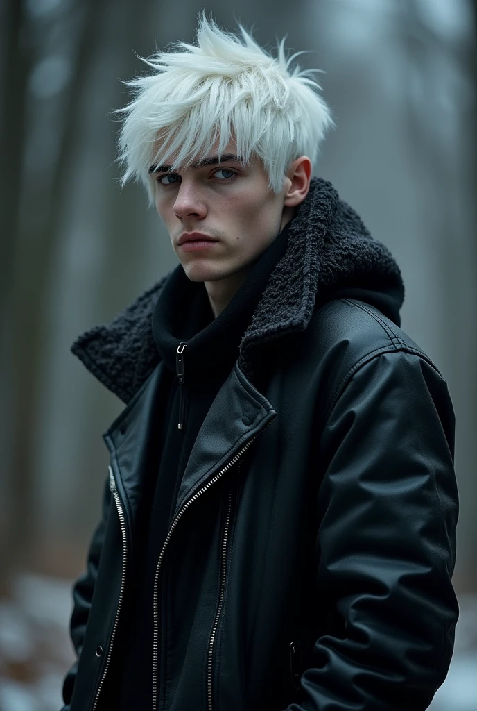 Lonely male teenager that loves the cold and loves the dark and has all black on with a good on and black leather jacket with white hair and white eyes