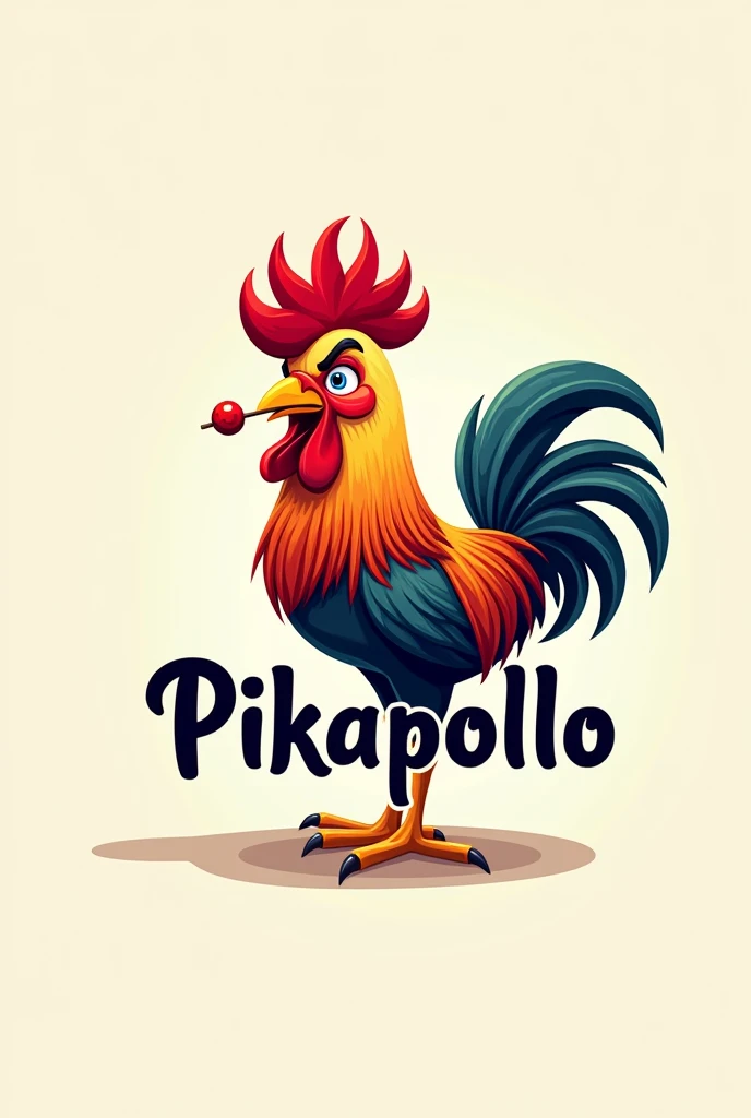 Logo for my company with the rooster Claudio with a toothpick in his mouth with the name pikapollo