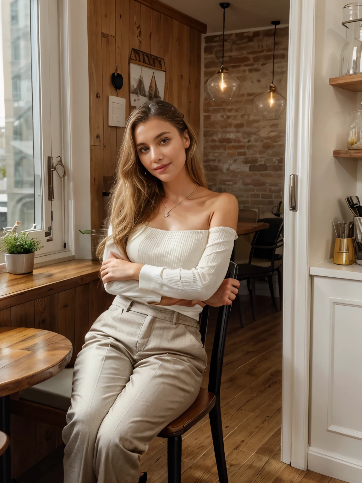 A high-quality, ultra-detailed 16K image of a stylish German woman sitting gracefully on a chair in a trendy coffee shop. The scene is a full-body shot, highlighting her elegant posture and confident demeanor. She has gorgeous blonde wavy hair that cascades over her shoulders, and an ear piercing that adds a touch of edginess to her polished look. Her radiant smile reveals beautifully aligned teeth, contributing to her overall charm and sophistication. She is dressed impeccably in a chic office lady suit, perfectly tailored to her form, with a pants style that exudes professionalism and modern fashion sense. On her feet, she wears sleek pumps that complete her stylish ensemble. The woman’s eyes are directed toward the viewer, engaging them with a warm and inviting expression, enhancing the sense of connection in the image. The background captures the cozy and ambient atmosphere of the coffee shop, with soft lighting, wooden furniture, and a subtle buzz of activity, adding depth and context to the scene. The image is rich in detail, from the texture of her suit to the gentle play of light on her hair, creating a captivating and lifelike visual experience.ceramic coffee cups in white on tables, silver metal teaspoons resting on saucers, dark wooden tables scattered around the room, tan leather armchairs near the windows, black metal table lamps with warm yellow bulbs, large glass windows with dark wooden frames, green potted plants in ceramic pots on the floor, white porcelain sugar jars on each table, brass door handles on the entrance, red fabric napkins folded neatly beside plates, black chalkboard menu with white chalk writing on the wall, clear glass water bottles on the counter, brown wicker baskets holding pastries on the counter, gold-framed mirrors on the walls, beige fabric curtains partially drawn over the windows, silver stainless steel espresso machine behind the counter, dark brown wooden floorboards, light gray concrete walls, white ceramic vases