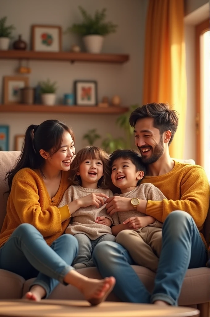 an indonesian baby celebrating her 6 month old age, sitting in a baby chair receiving her first solid meal. Look happy and delightful. her parents look surprised standing at each her side. Photo realistic UHD image. All facing camera