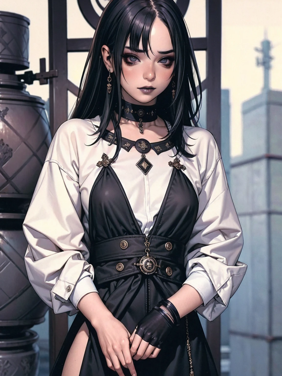 (((best qualityer))), (((manga strokes))), goth girl with very heavy makeup, straight black hair covering one eye, very white skin, black tee, look heavy metal fã, bracelets with small spikes, choker, ripped pants and/or beaten, black lipstick, gloves with fingers exposed, dark eye shadow, piercings na orelha, the way you want, grumpy, ((cowboy shot))