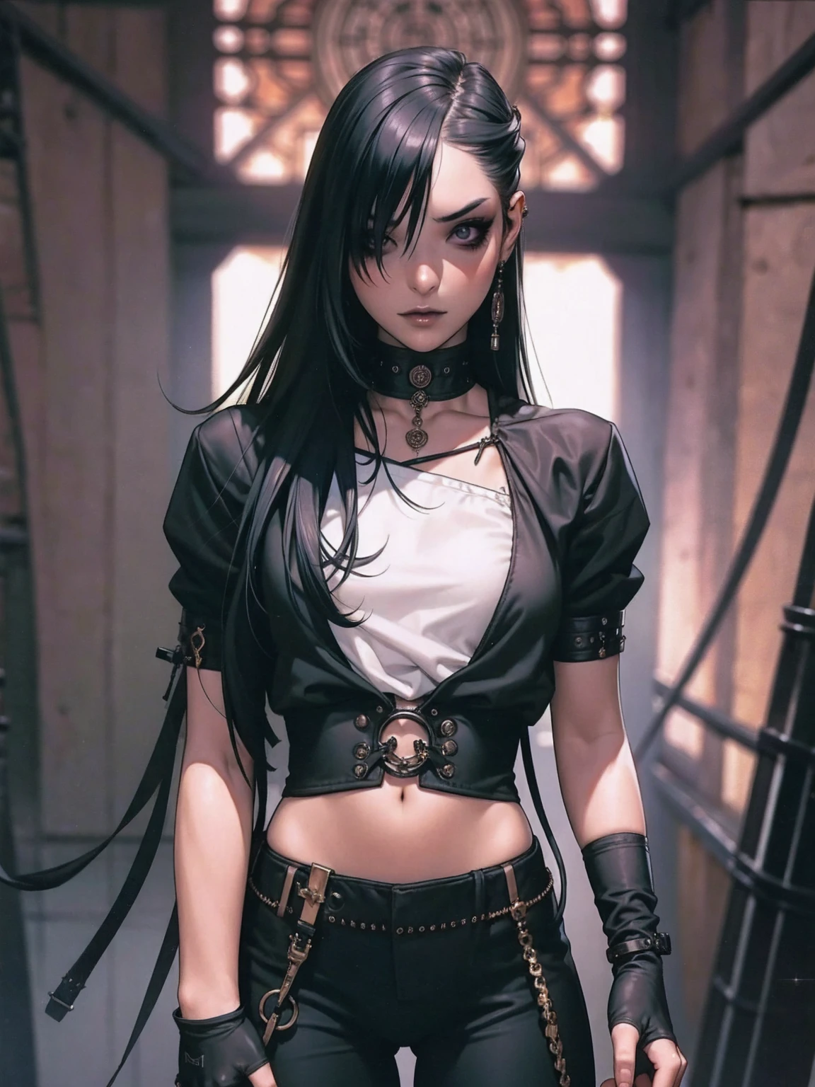 (((best qualityer))), (((manga strokes))), goth girl with very heavy makeup, straight black hair covering one eye, very white skin, black tee, look heavy metal fã, bracelets with small spikes, choker, ripped pants and/or beaten, black lipstick, gloves with fingers exposed, dark eye shadow, piercings na orelha, the way you want, grumpy, ((cowboy shot))
