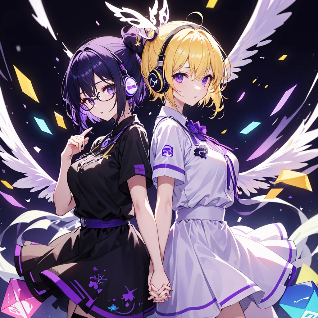 ((Highest quality)), (detailed), Holding hands and pointing back to back, a girl with dark blue hair, short hair, long bangs, large breasts, purple eyes, black round-rimmed glasses, and white headphones, and a girl with average-sized small breasts, long blonde hair, purple eyes, and a long side ponytail with large wings, no glasses、Holding hands and standing back to back.0、Yellow and purple light cube background 1.7、Idol costume 1.6