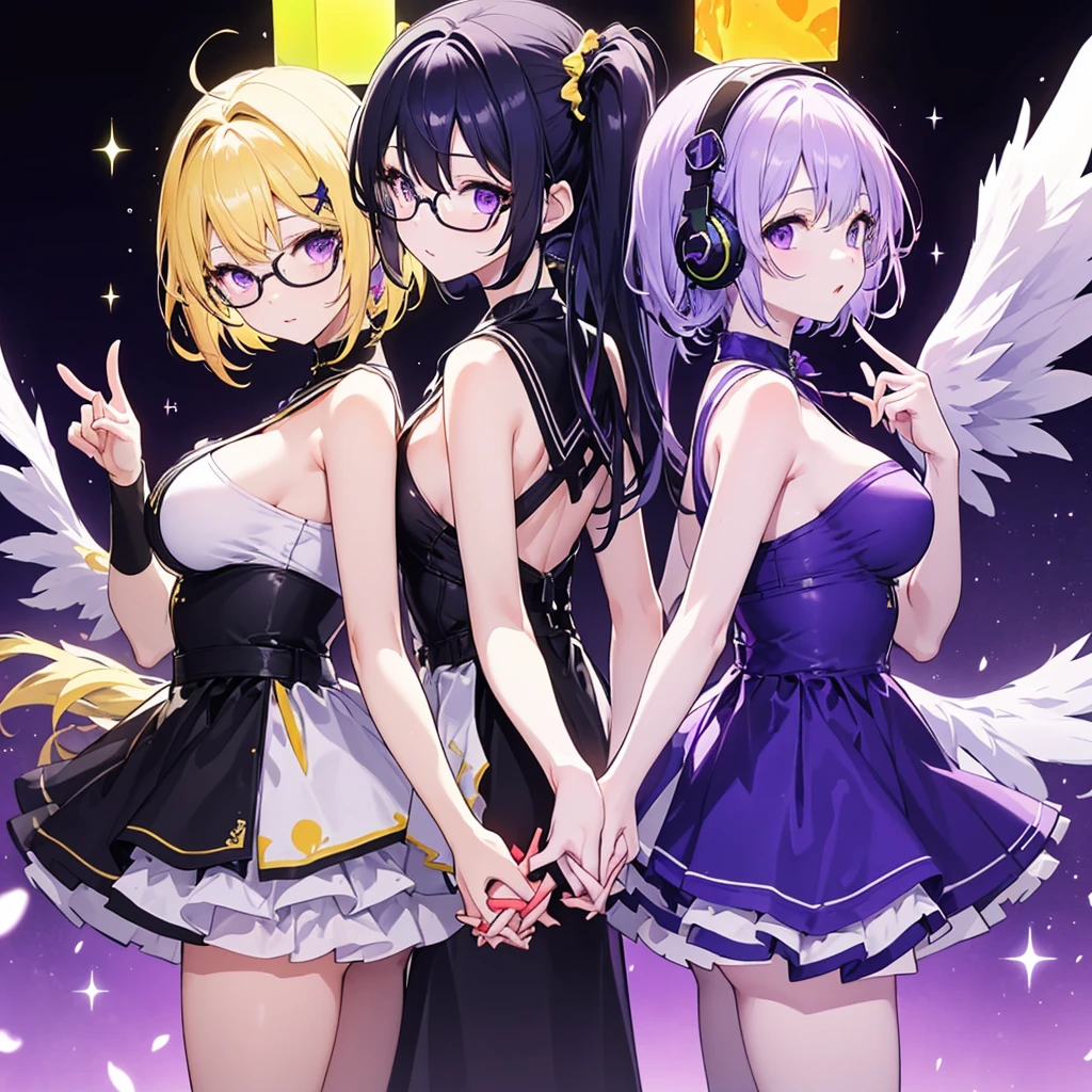 ((Highest quality)), (detailed), Holding hands and pointing back to back, a girl with dark blue hair, short hair, long bangs, large breasts, purple eyes, black round-rimmed glasses, and white headphones, and a girl with average-sized small breasts, long blonde hair, purple eyes, and a long side ponytail with large wings, no glasses、Holding hands and standing back to back.0、Yellow and purple light cube background 1.7、Idol costume 1.6