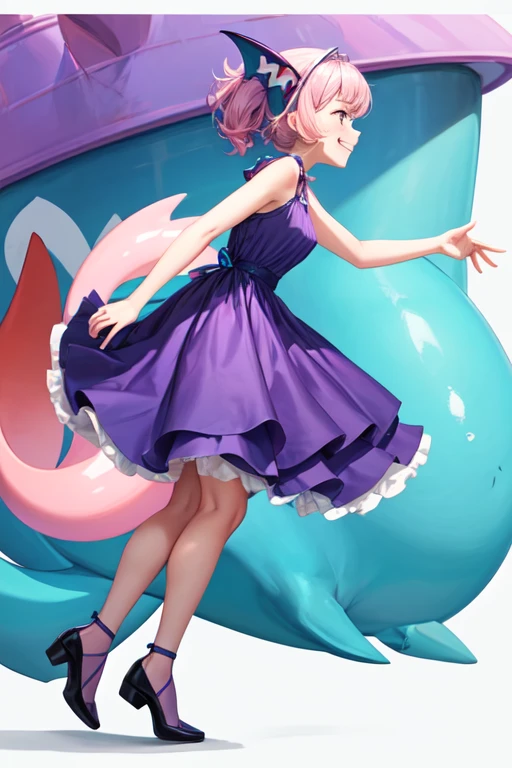girl body, pink and purple dress, blue shark head, smiling, blue and purple shoes.
Full body and profile