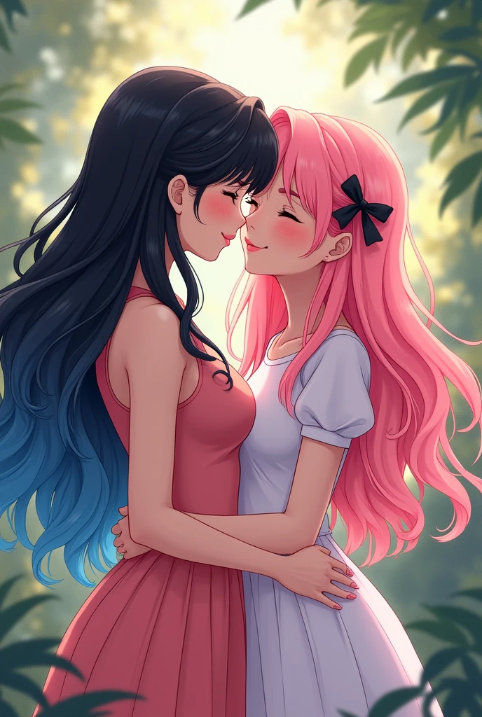 Create a lesbian couple with the following characteristics:
One has black hair and blue streak and the other has pink hair with black streak In anime style/Cartoon They kissing and being in a natural way