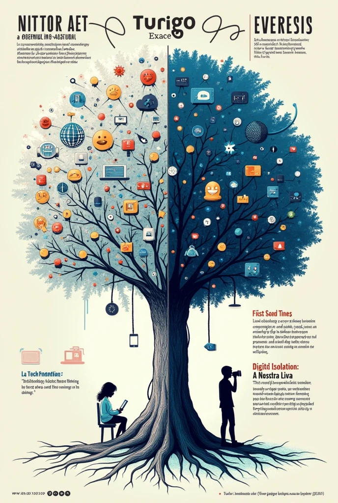 

Here is a concept for a poster about the impacts of technology on humans.:

Title: "technology: Transformation or Challenge?"

central image:

A drawing divided into two halves.
In the left half, shows a vibrant digital environment with people using technology, like smartphones, computers and virtual reality. People seem connected and productive.
In the right half, It shows a gloomy environment with isolated people, looking at their devices with worried or exhausted faces. There are signs of stress and social disconnection.
Text in the Left Half:

Slogan: "Global Connection: A World of Possibilities"
Description: "Technology opens doors to new opportunities, promotes communication and facilitates access to information."
Text in the Right Half:

Slogan: "Digital Isolation: A Contemporary Challenge"
Description: "Excessive use of technology can lead to social disconnection, stress and dependency."
Footer:

Motto: "Find the balance between progress and well-being."
Contact Information or Link: [Insert here if necessary]
I hope this helps you design the poster you have in mind.. If you need more details or adjustments, We are waiting!





Can you make it in an image? Pofis ChatGPT I don&#39;t have the ability to create images or graphics directly. However, You can use graphic design tools like Canva, Adobe Spark or even PowerPoint to create the poster based on the concept I provided you. If you need help with the design or how to use any of these tools, I will be happy to assist you.

another idea please ChatGPT Sure, Here&#39;s another idea for a poster about the impacts of technology on humans.:

Title: "La technology y su Huella en Nuestra Vida"

central image:

A drawing of a tree whose roots are made up of cables and technological circuits, and whose branches are full of digital icons (as applications, social networks, etc.). The tree represents the
