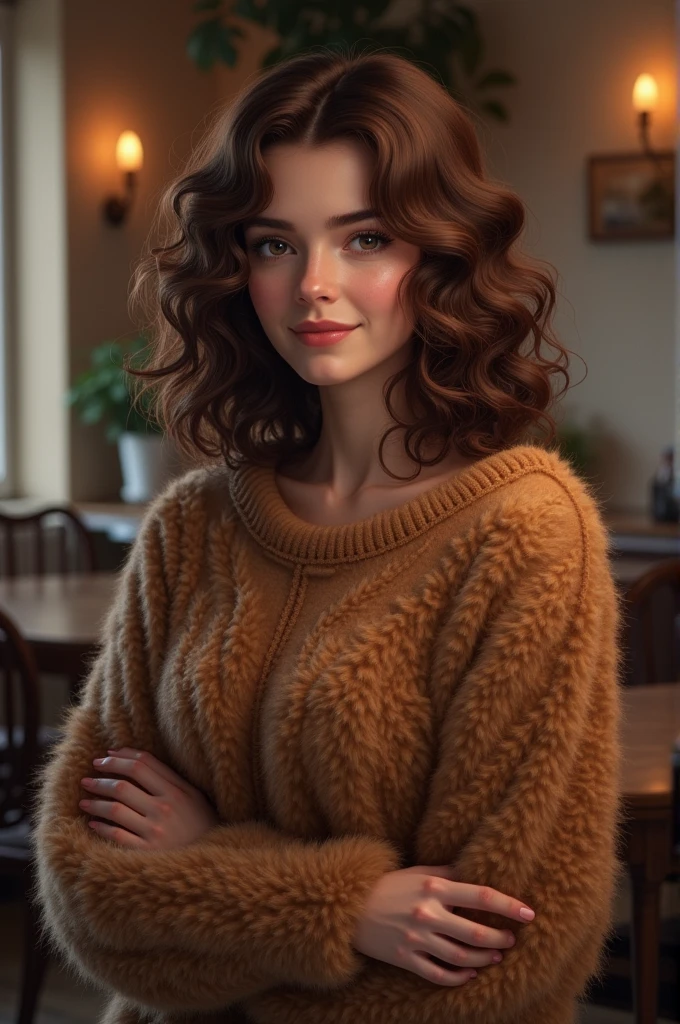 Create an image of a medium-sized person with curly hair and who is a woman and a furry sweater